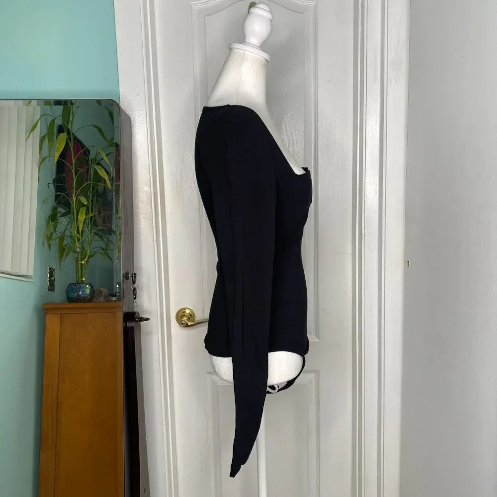 Free People Intimately Black Square Neck V Notch Stretch Bodysuit, S #338 - Picture 4 of 10